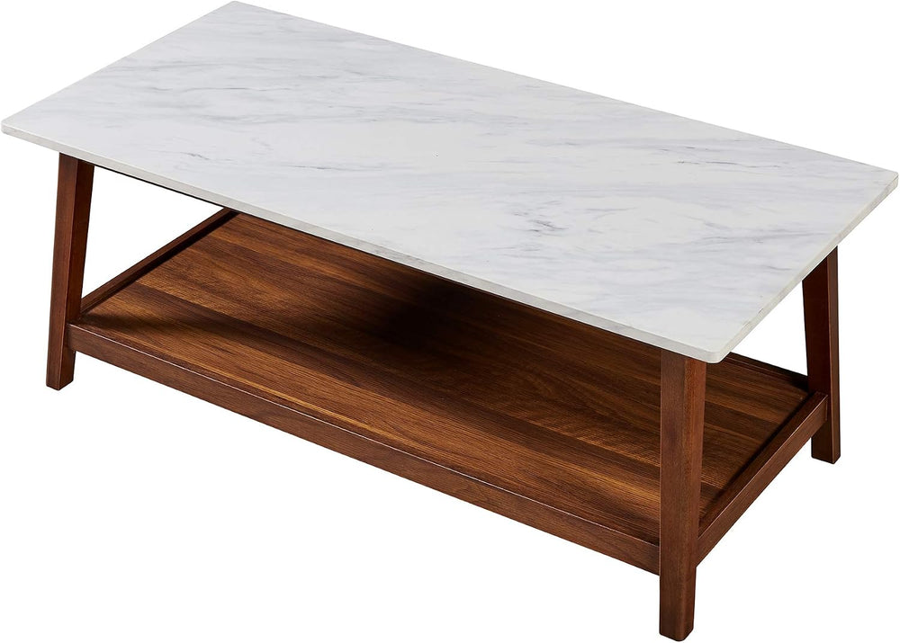 Teamson Home Kingston Wooden Coffee Table with Storage and Marble-Look Top fo...