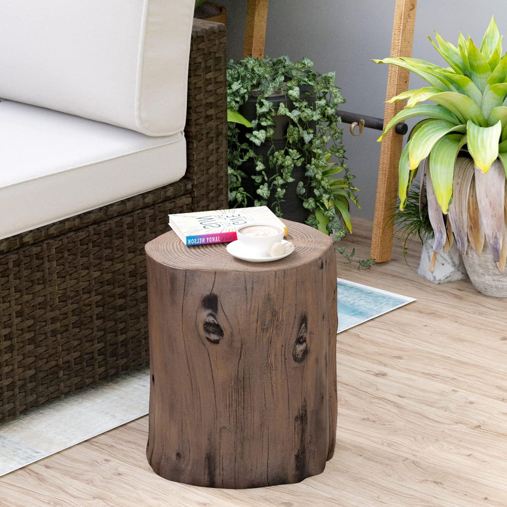 HOMPUS Concrete Outdoor Side Table, Tree Stump Modern Round Accent Table