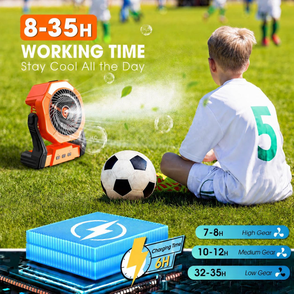 Ausic Portable Misting Fan, Outdoor Rechargeable Fan, LED Light, Hook, 35H