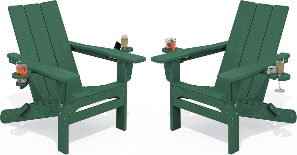 SERWALL Modern Folding Adirondack Chairs Set of 2, HDPE, Cup Holders, Green