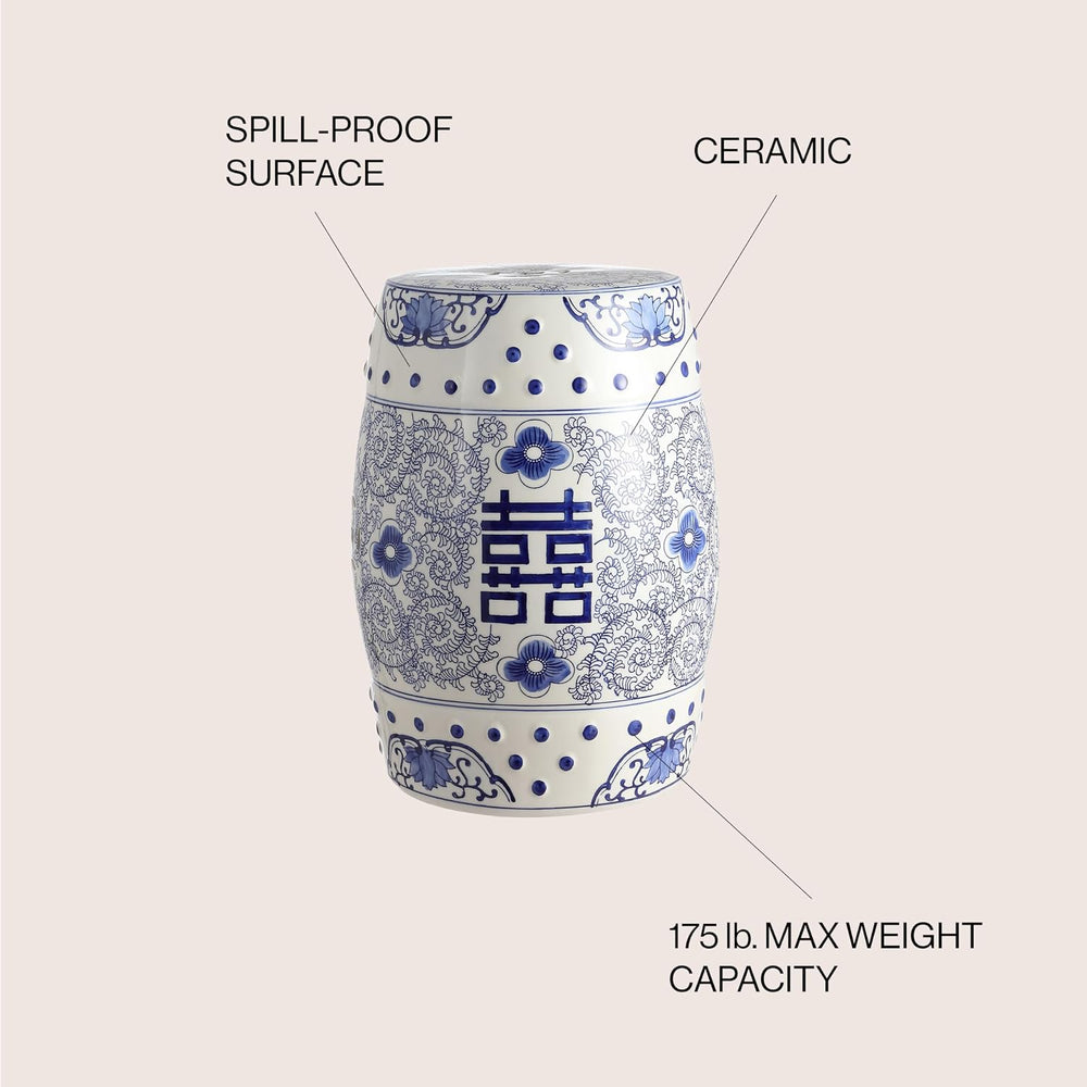 JONATHAN Y Double Happiness Ceramic Garden Stool 18" Table, Blue/White