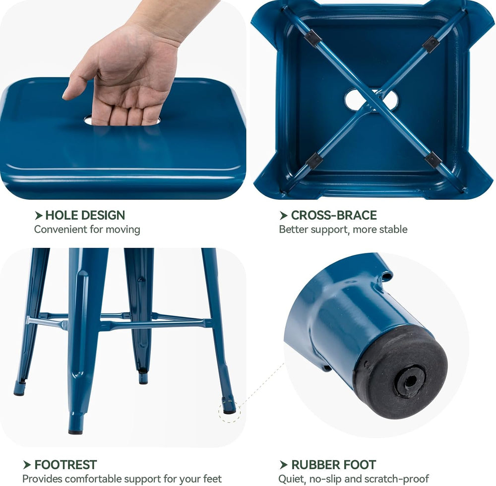 24 Inch Metal Bar Stools Set of 2, Stackable for Indoor Outdoor, Deep Blue
