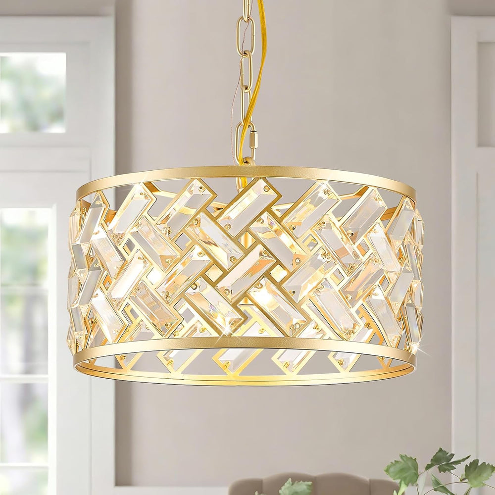 12.4" Gold Crystal Chandelier, Morden 3-Light Dining Room Light Fixture