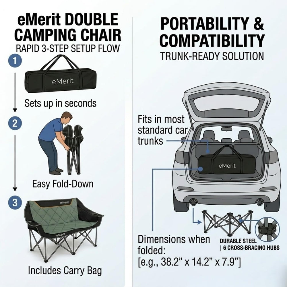 EMERIT 3 Person Camping Chair,900lb Heavy Duty Triple Loveseat Wide Padded Fo...