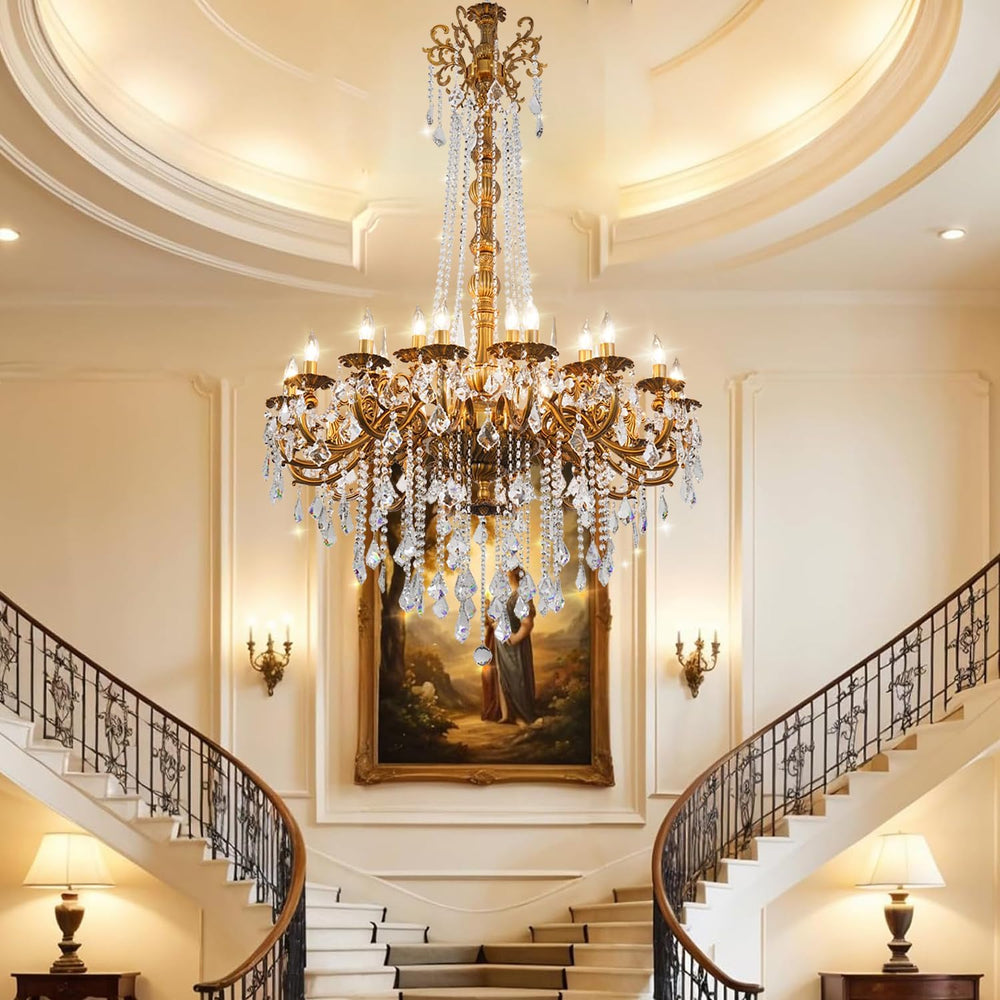 24-Light Antique Gold Crystal Chandelier, Extra Large Luxury Candle Chandelie...