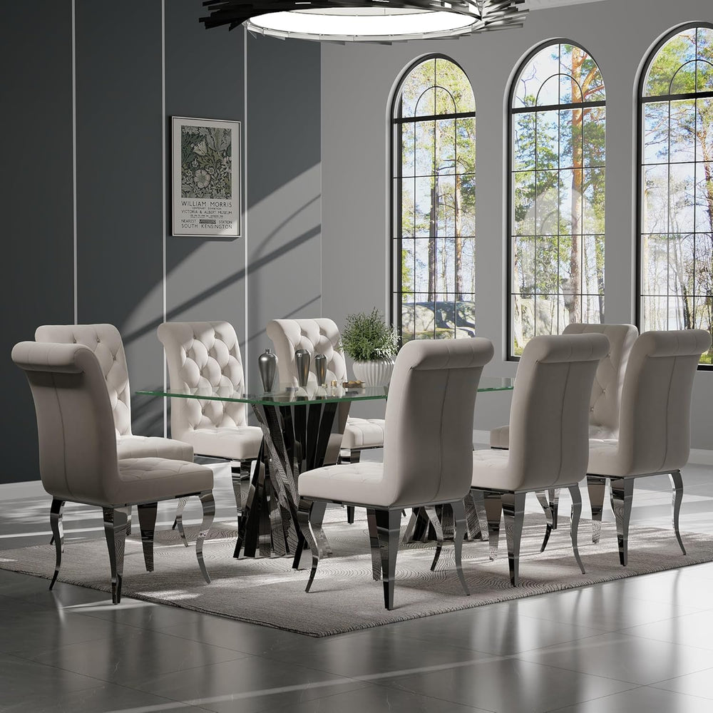 White Velvet Dining Chairs with Silver Mirrored Legs, Set of 6