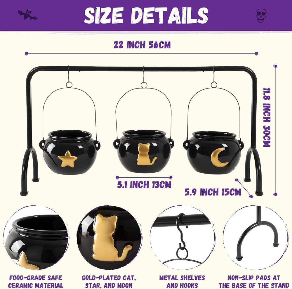 Halloween Decorations 3 Ceramic Witches Cauldron Candy Serving Bowl on Rack, ...