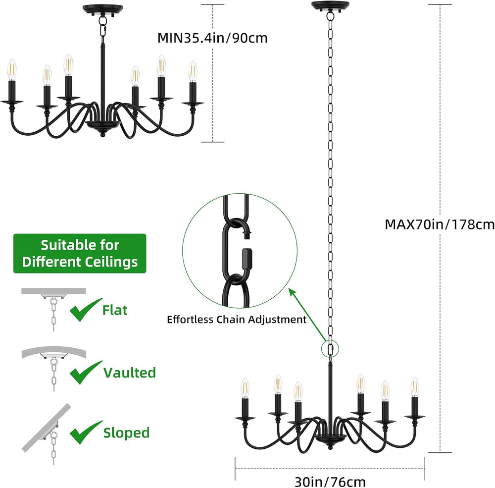 Phaosio Black Chandelier, 6-Light Farmhouse Candle Chandelier 29'', R...