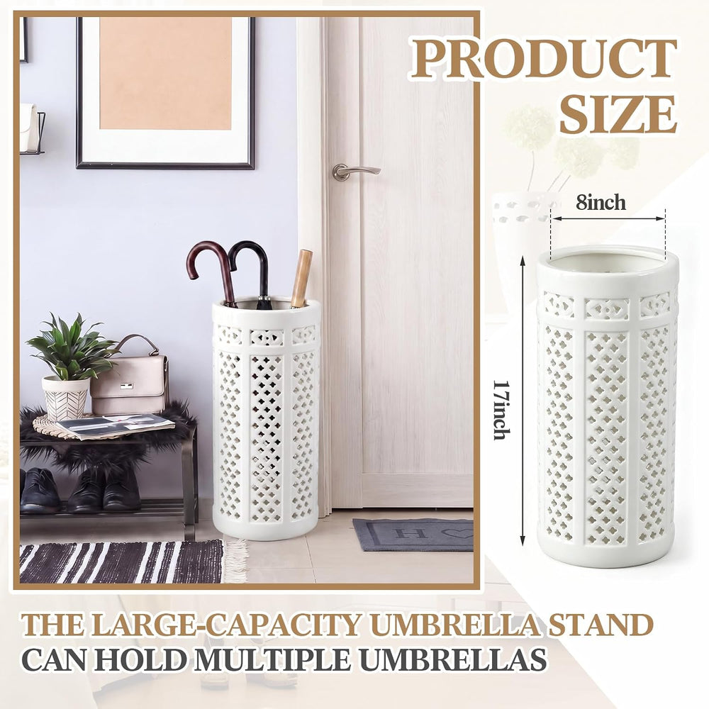 Sawysine White Ceramic Umbrella Stand with Hollow-out Design Heavy Porcelain ...