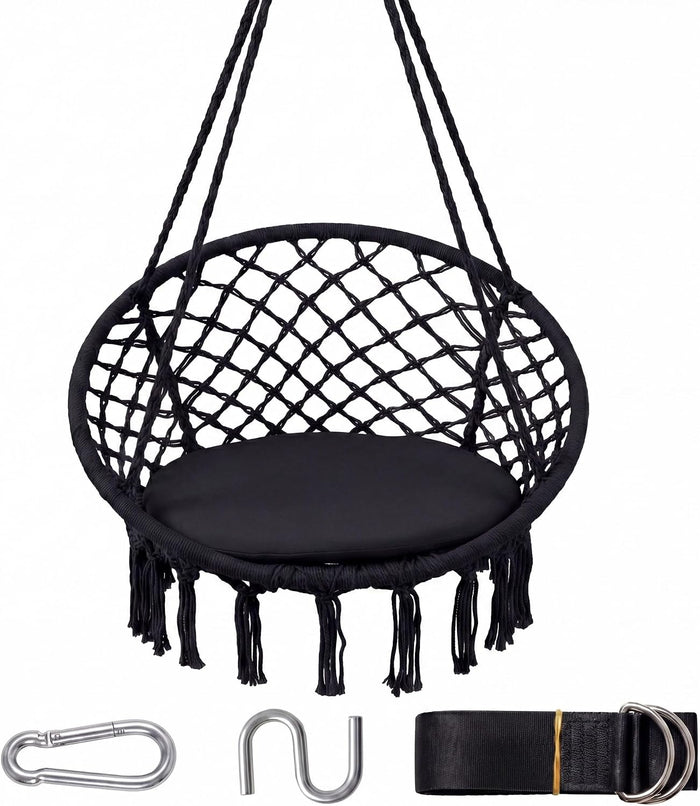 Giantex Hammock Chair Macrame Swing, Boho Swing Chair with Round Seat Cushion and Hardware Kit, 330 lbs Capacity, Indoor & Outdoor Hanging Chair for Bedroom Balcony Patio Living Room (Black)