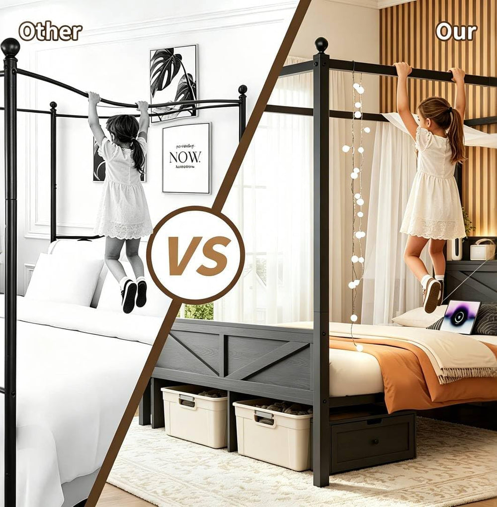 King Size Canopy Bed Frame with Storage Headboard, Black