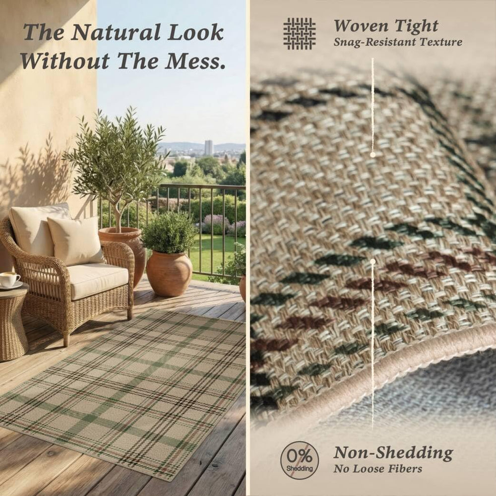JTJ Easy Jute 3x5 Outdoor Rug, Sage Green Plaid Washable Farmhouse Area Rug