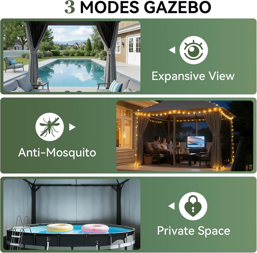 Aoxun 12'x10' Outdoor Gazebo with Mosquito Netting and Privacy Curtains