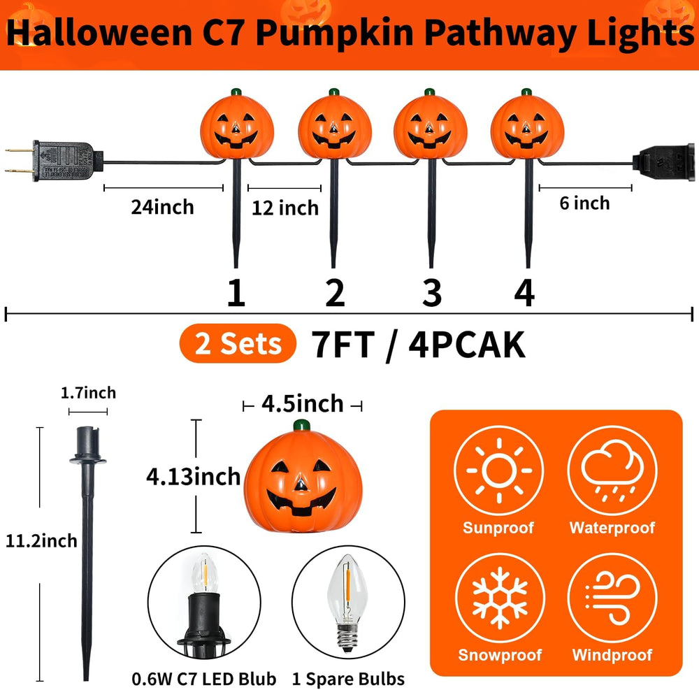 2 Sets 7Ft Halloween Pathway Lights Outdoor Pumpkin Stake Light with 4 Jack-O...