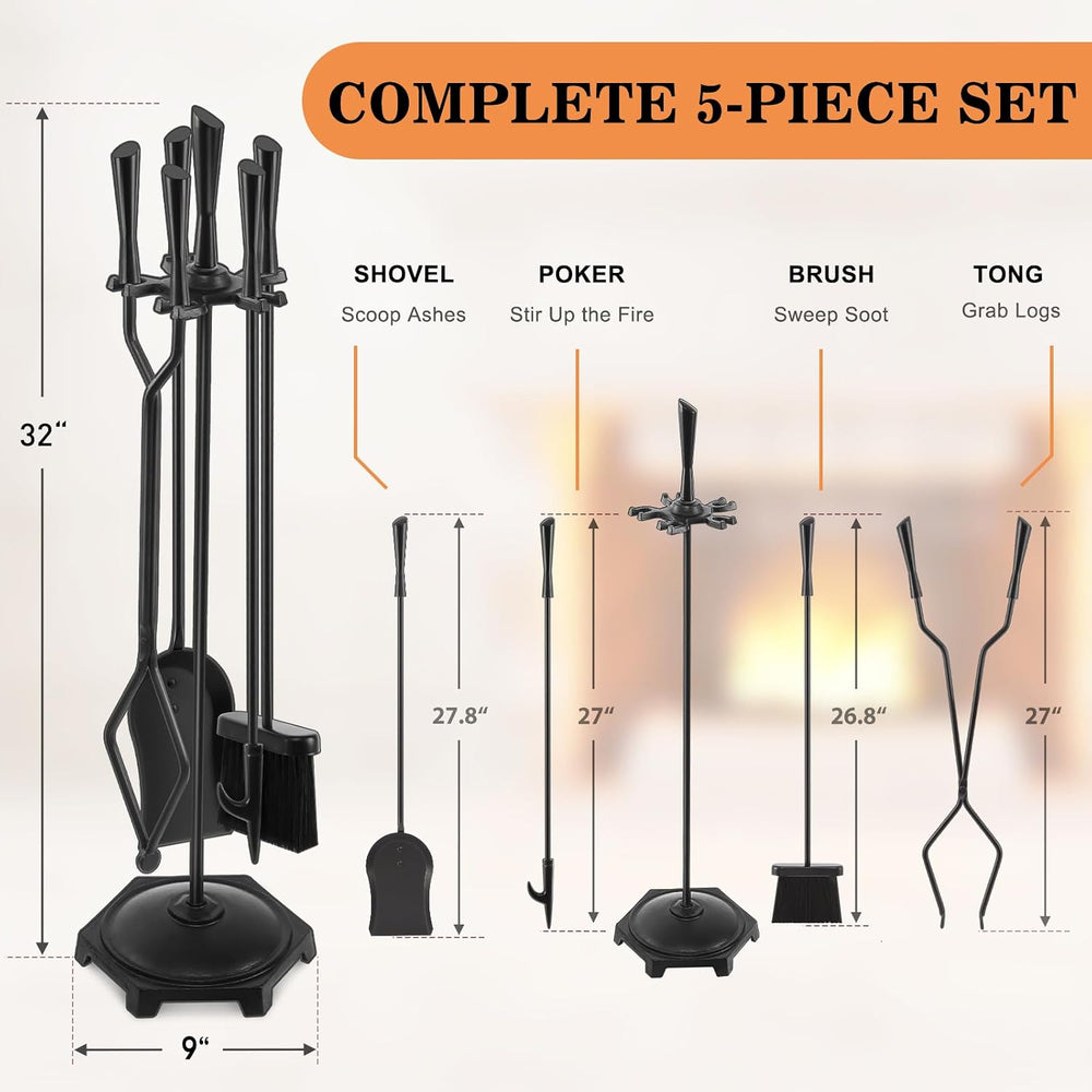 Gtongoko 5 Pcs Fireplace Tools Set 32" Black Wrought Iron Large Fire Too...
