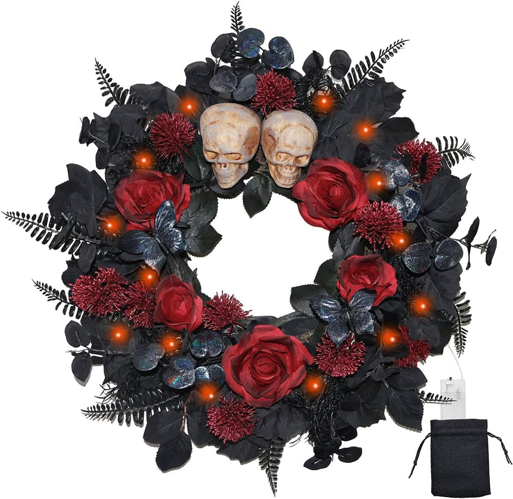 22 Inch Lighted Halloween Wreath with 40 Orange LEDs and 2 Skulls