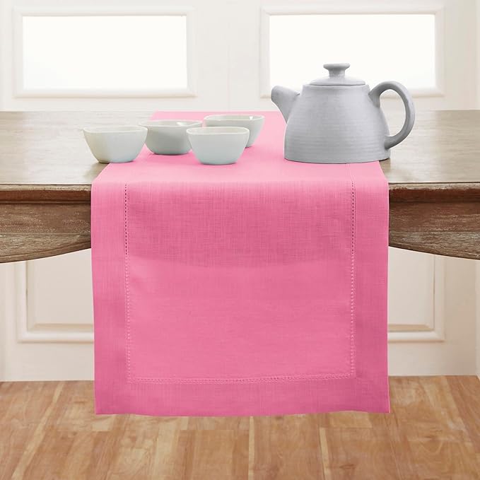 Solino Home Linen Table Runner 36 Inches - 100% Pure Linen Flamingo Pink Hems...