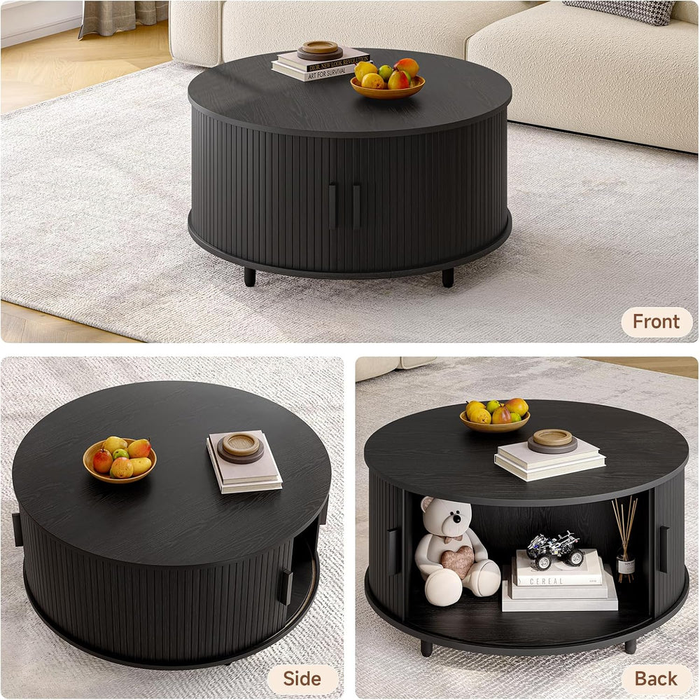 ONBRILL 31.5" Round Coffee Table with Storage Adjustable Footpads, Black