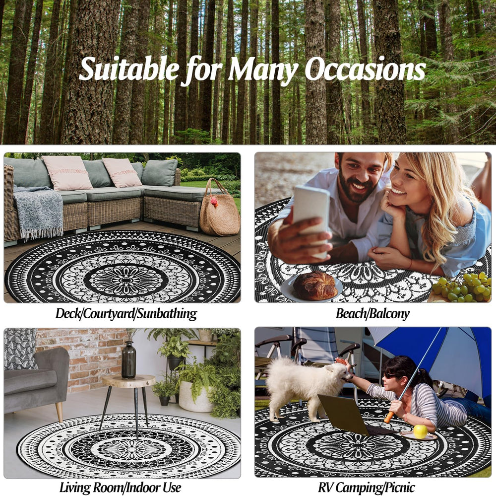 Cekene Round Outdoor Rugs for Patio 8Ft Waterproof Reversible Outdoor Patio R...