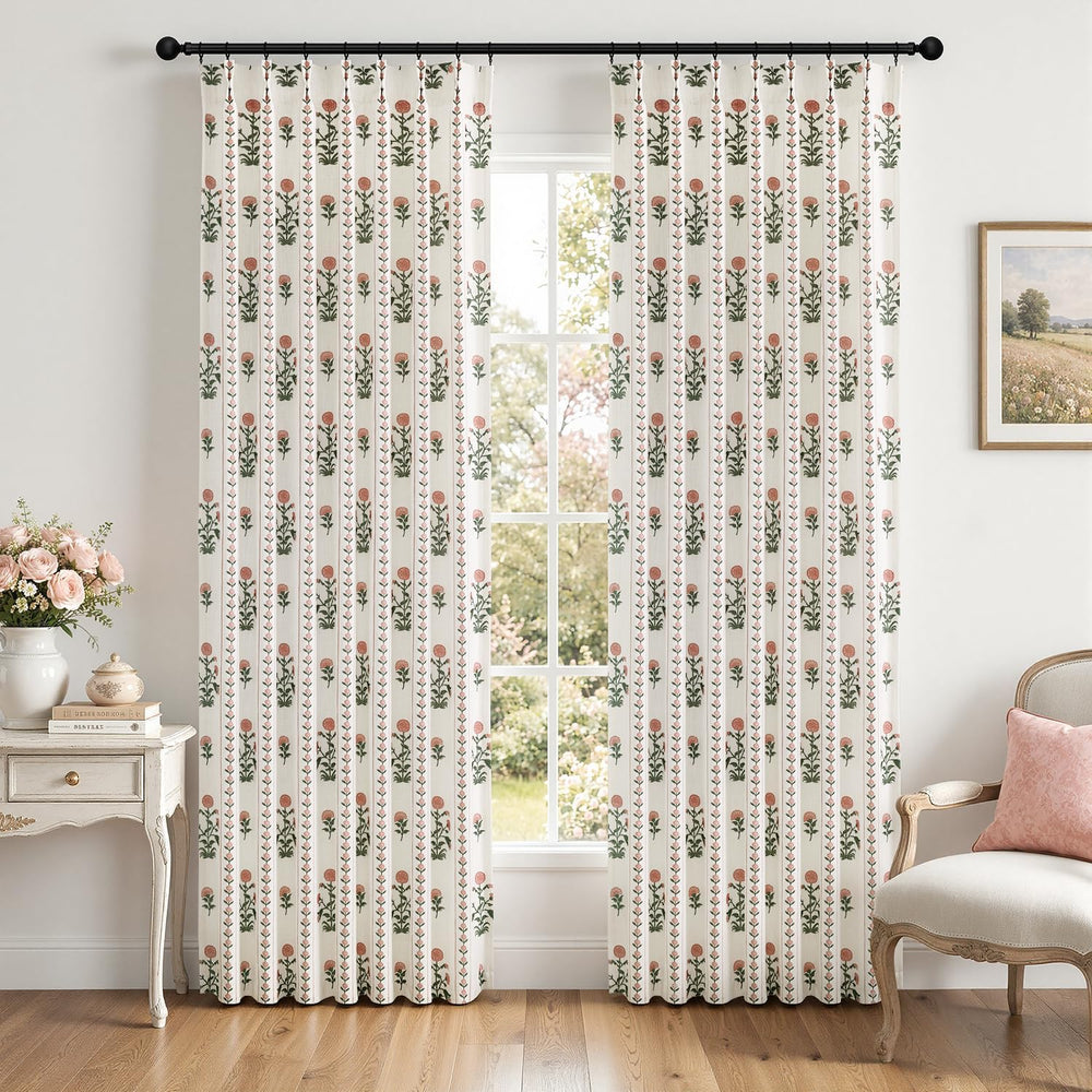 Floral Pinch Pleated Linen Curtains,Pink & White,40" W x 84" L