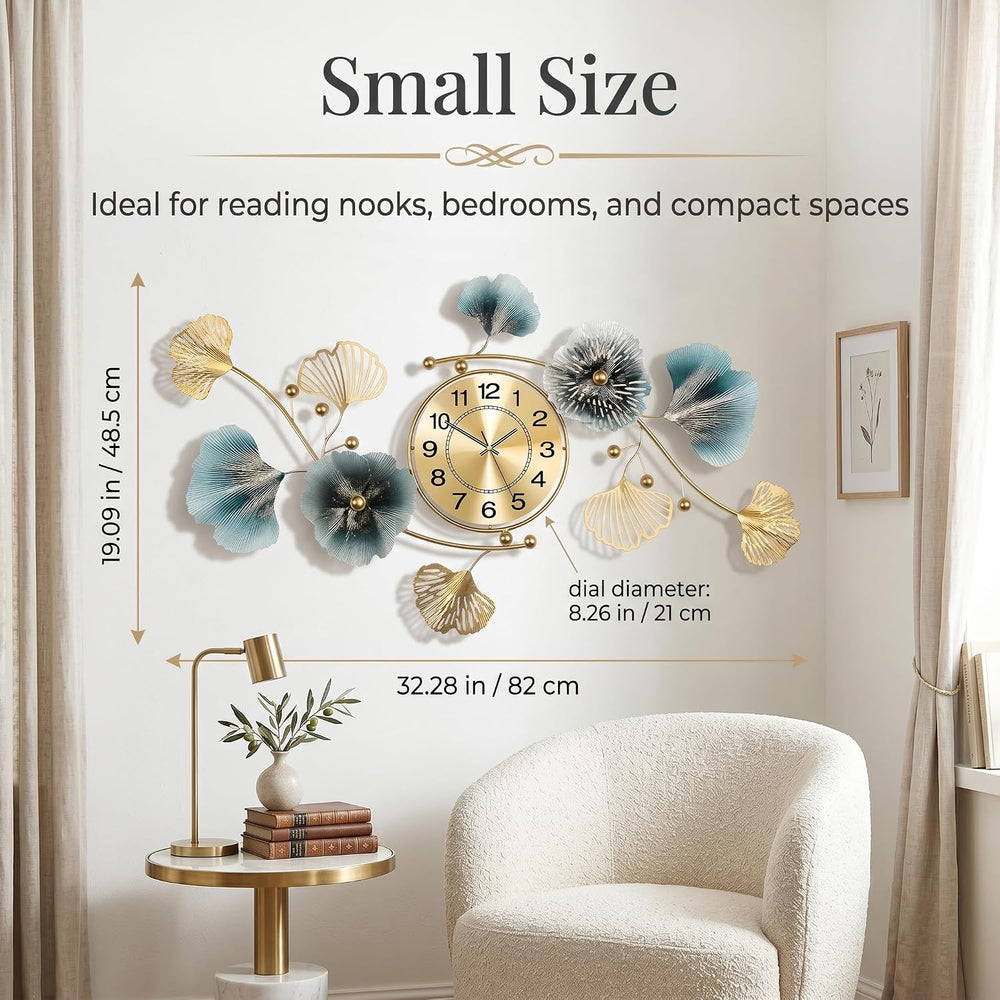 33" 3D Ginkgo Leaf Metal Wall Clock for Home Wall Decor