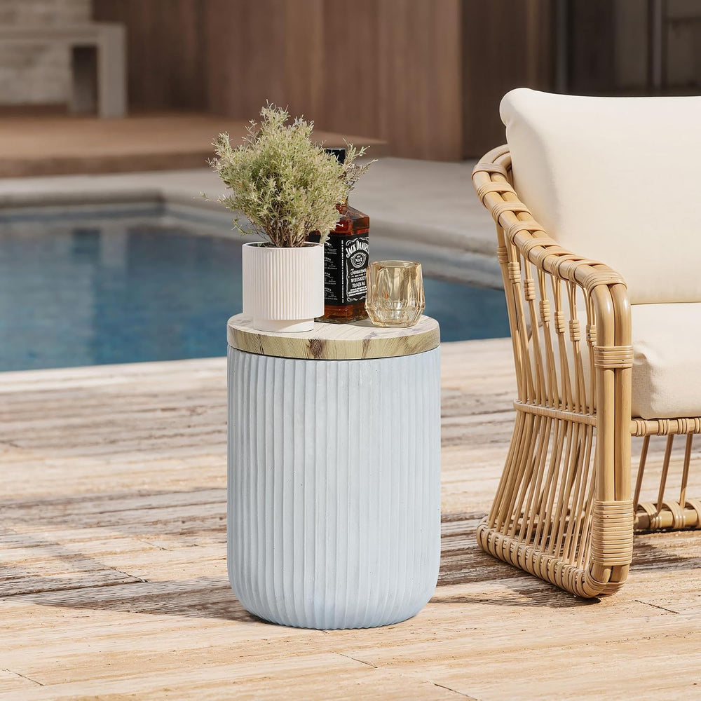 LuxenHome 18" Cement Outdoor Side Table with Storage and Wood-Look Lid