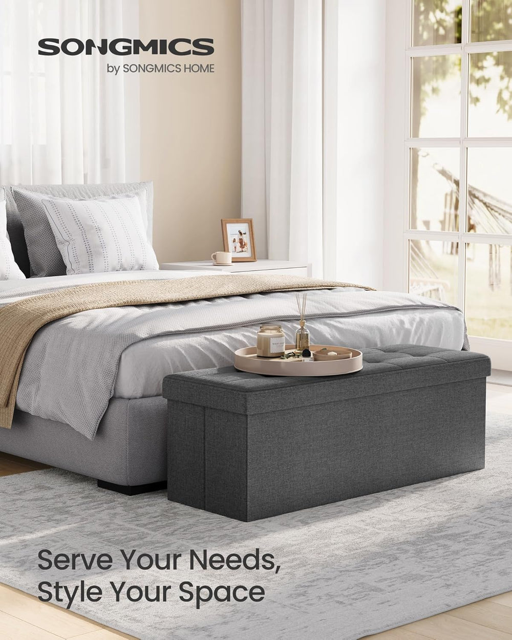 SONGMICS 43.3 Inches Folding Storage Ottoman Bench, Load 660 lb