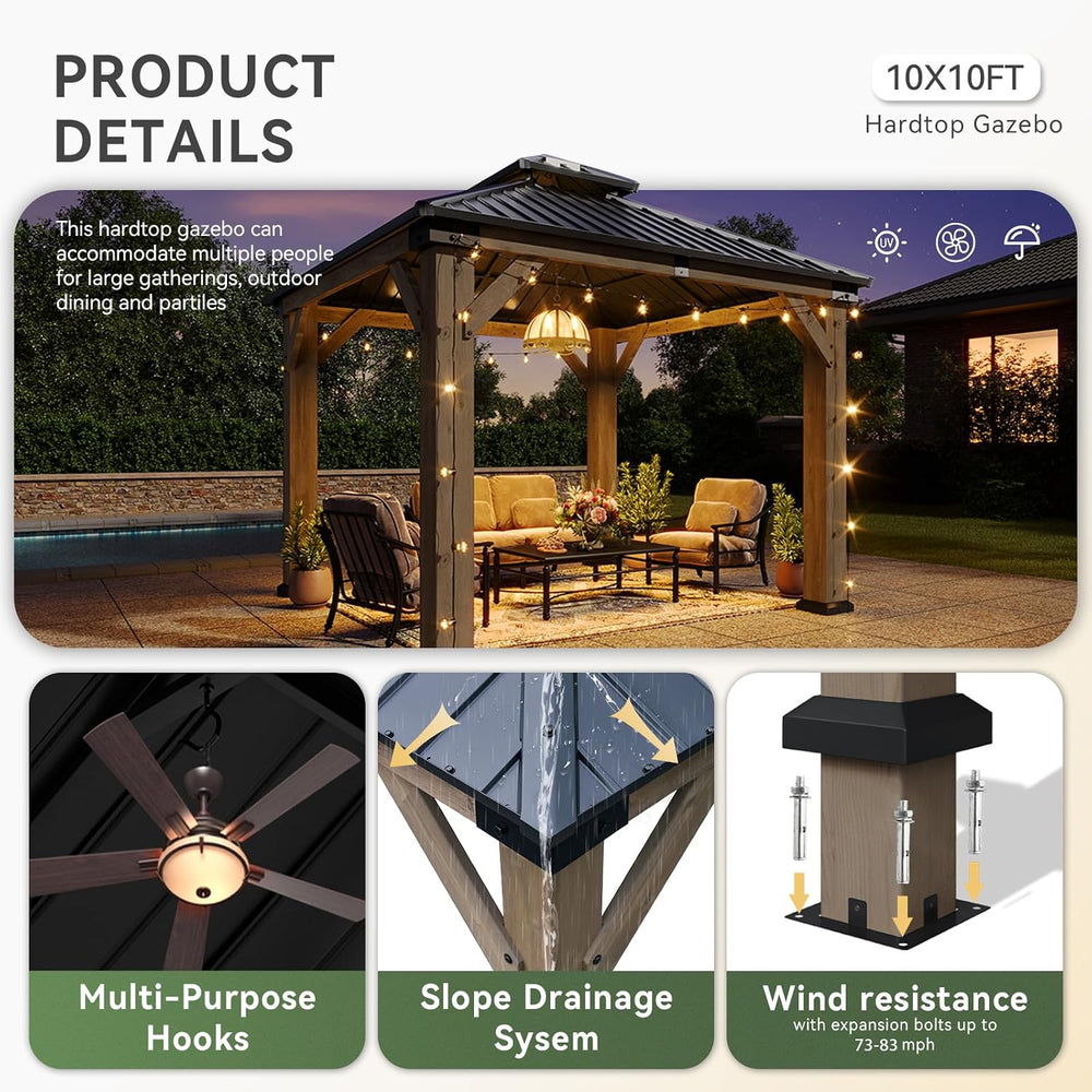 Aoxun 10' x 10' Outdoor Wood Gazebo, Hardtop Gazebo