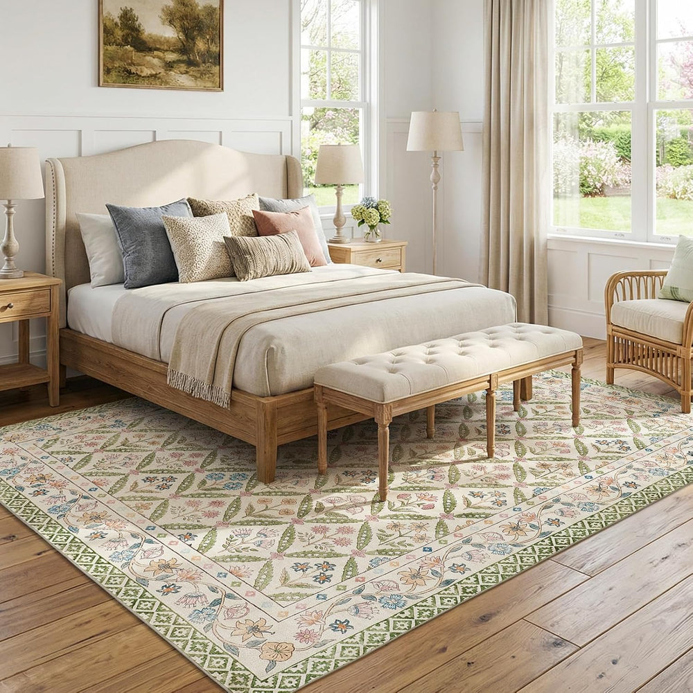 jinchan 8x10 Vintage Floral Washable Large Living Room Area Rug, Sage Green