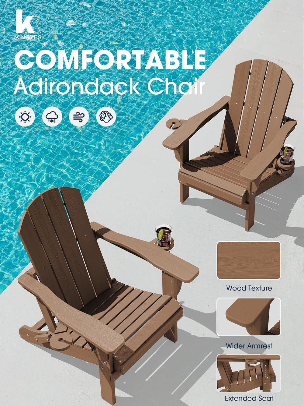 KINGYES Folding Adirondack Chair Set of 6 with 2 Cup Holders, Brown