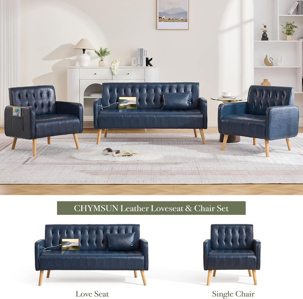 Leather Accent Chair Set of 2, Living Room Chair with Wooden Legs (Blue)