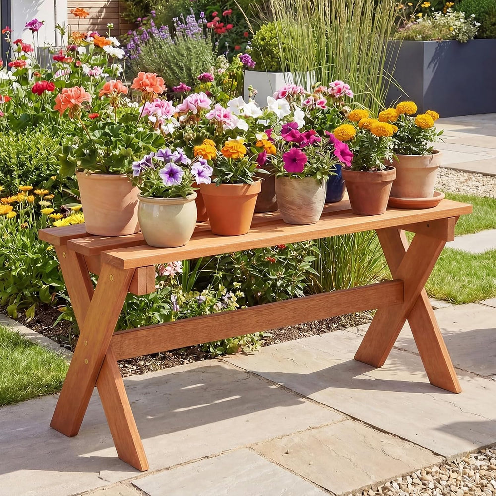 Tangkula Outdoor Wood Bench Backless, Patio Dining Bench with Teak Oil Finish...