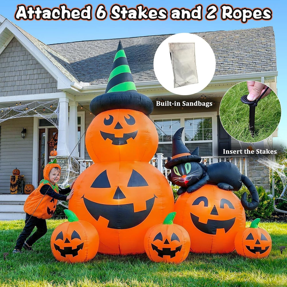 6 FT Halloween Inflatable Pumpkins with Witch’s Black Cat, Spooky Blow up Out...