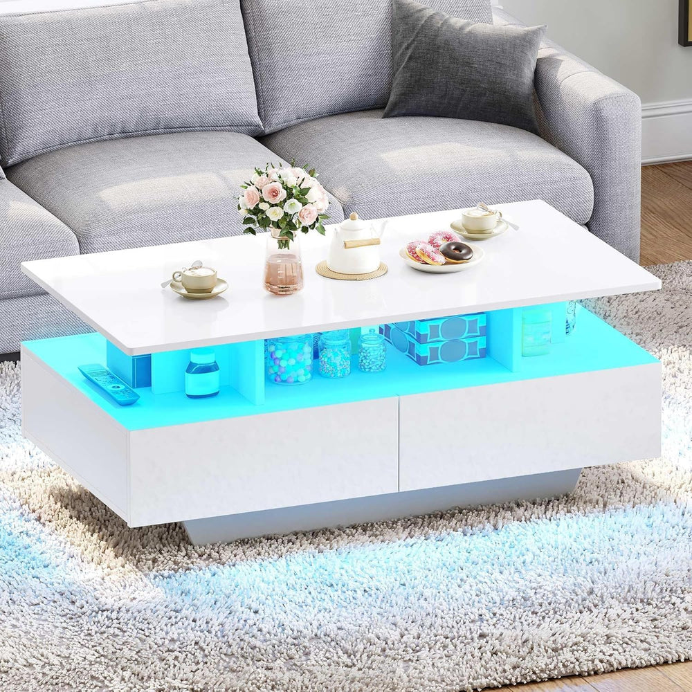 DWVO LED Coffee Table with Storage 4 Drawers, Modern High Glossy Coffee Table...