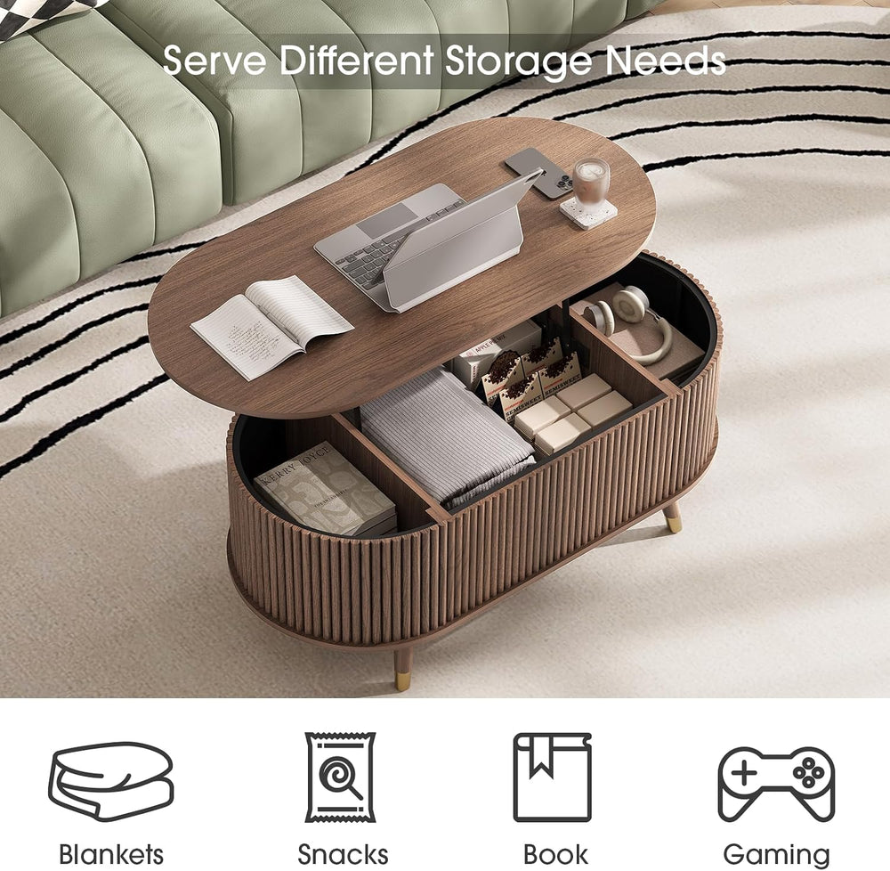 JOINICE Oval Lift Top Coffee Table with Storage for Living Room,Walnut
