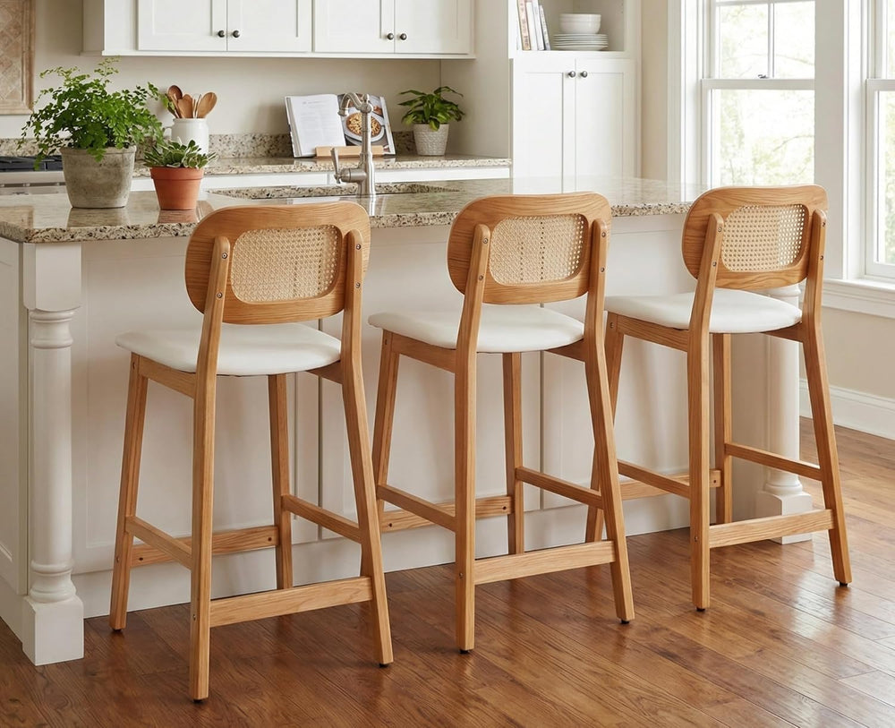EALSON Rattan Counter Height Bar Stools Set of 3 Modern Farmhouse Barstools w...