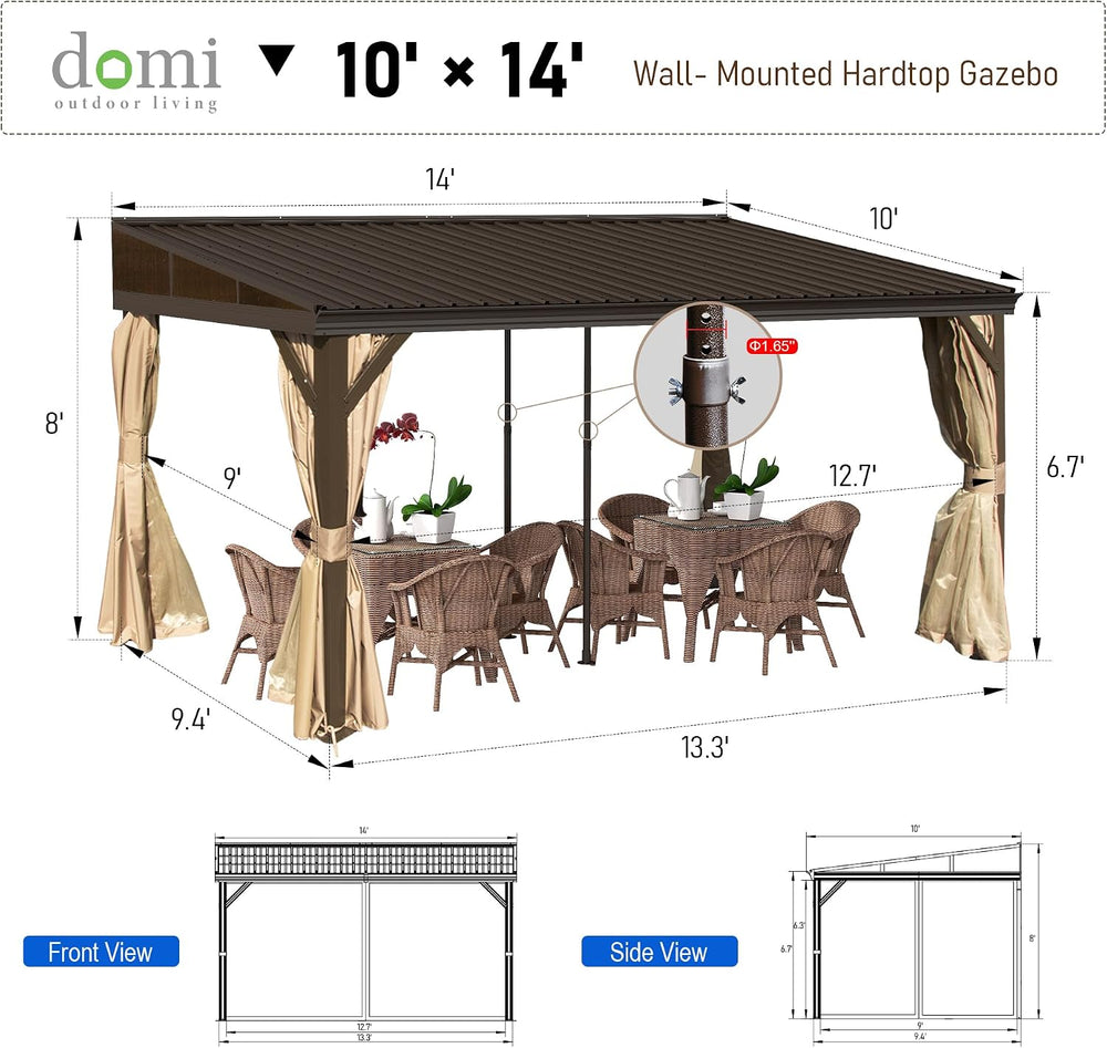 Domi 10x14FT Lean to Gazebo, Outdoor Hardtop Wall Mounted Heavy Duty Canopy w...