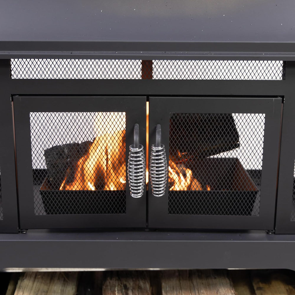 70 Inch Rectangular Outdoor Steel Woodburning Fireplace with Side Tables - In...