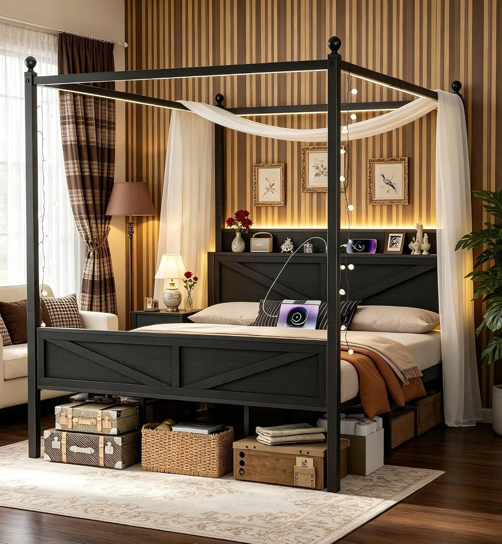 King Size Canopy Bed Frame with Storage Headboard, Black