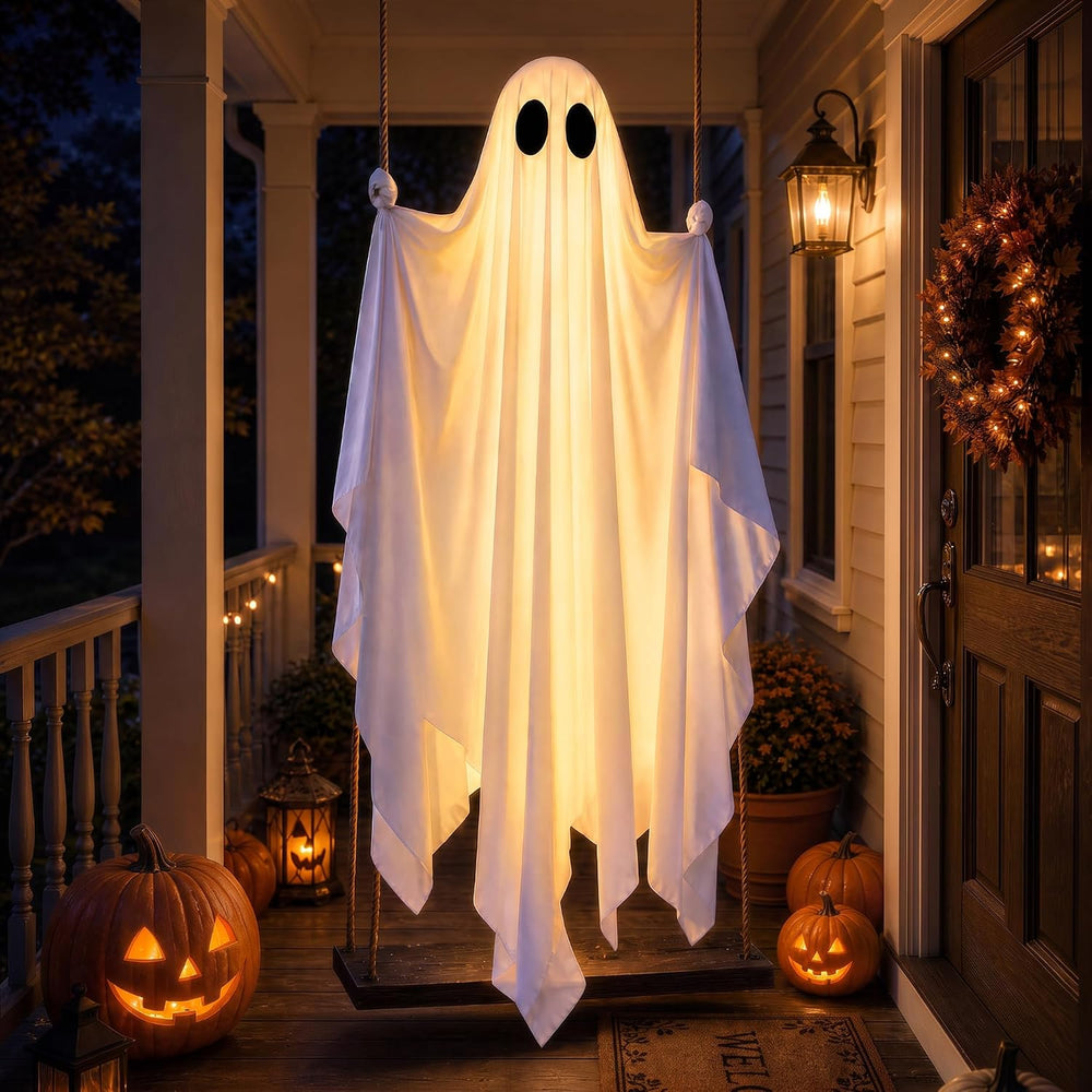Hanging Ghost Halloween Decorations Outdoor, 7-12 FT Light Up Ghost Swing