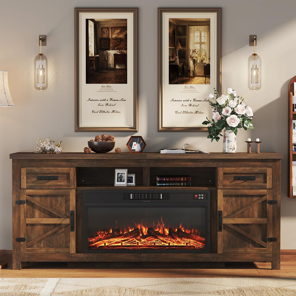 Fireplace TV Stand with Barn Door, 80 inch, Brown
