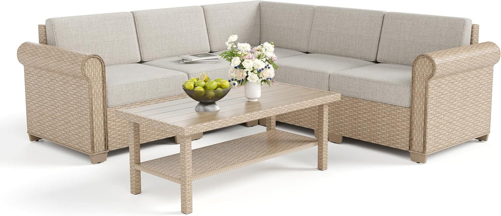 SUNSHINE VALLEY, 6 Piece, 5-Seats, Wicker, Patio Conversation Set, Beige