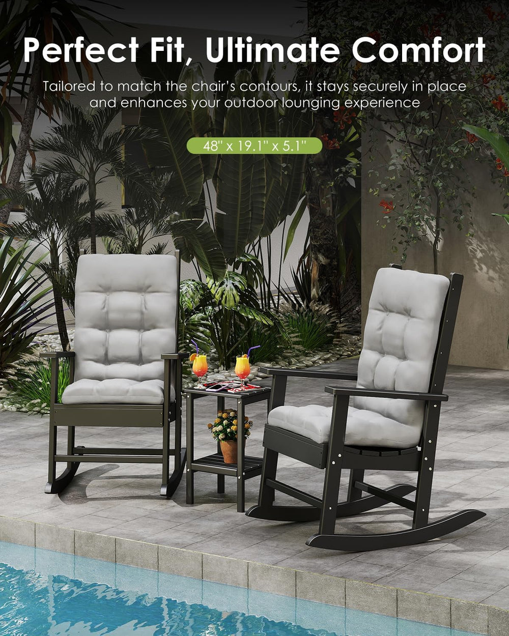 GREENVINES Outdoor Rocking Chair Cushions Set of 2, Polyester, Grey