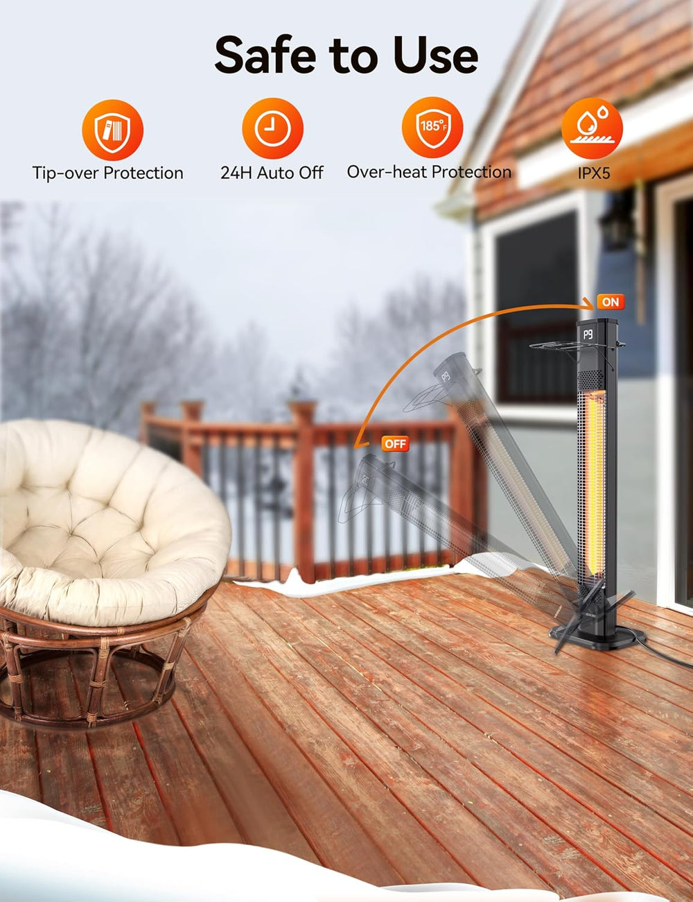 VAGKRI 42" 1500W Electric Outdoor Infrared Heater with Remote, 9 Heat Le...