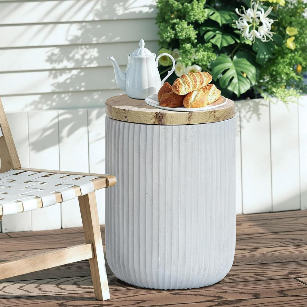 LuxenHome 18" Cement Outdoor Side Table with Storage and Wood-Look Lid