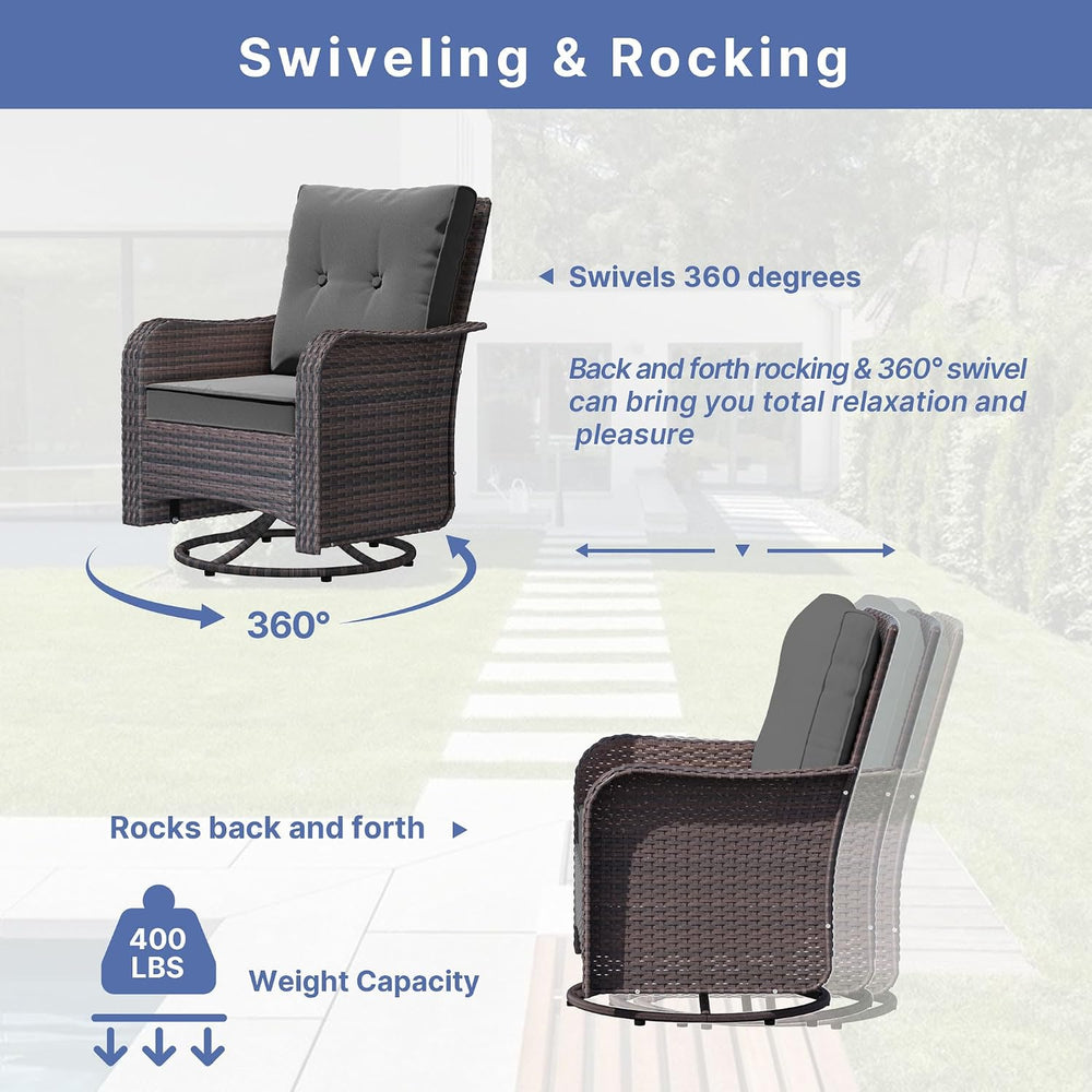 ALAULM 7-Piece Outdoor Swivel Rocking Chair Set with 40,000 BTU Round Fire Pi...