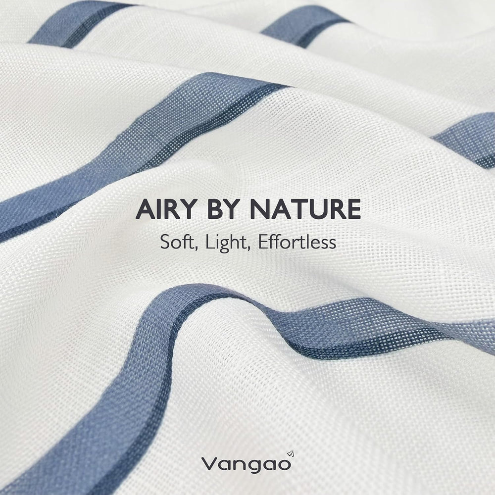 Vangao Striped Curtains Blue on White Semi Sheer Curtains 96 Inches Long