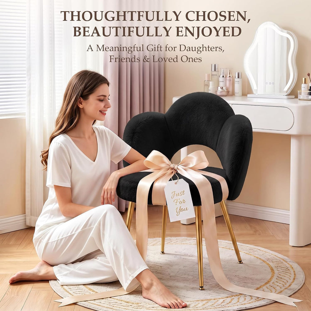 Fluffy Vanity Chair with Back, Makeup Chair with Gold Legs, Black