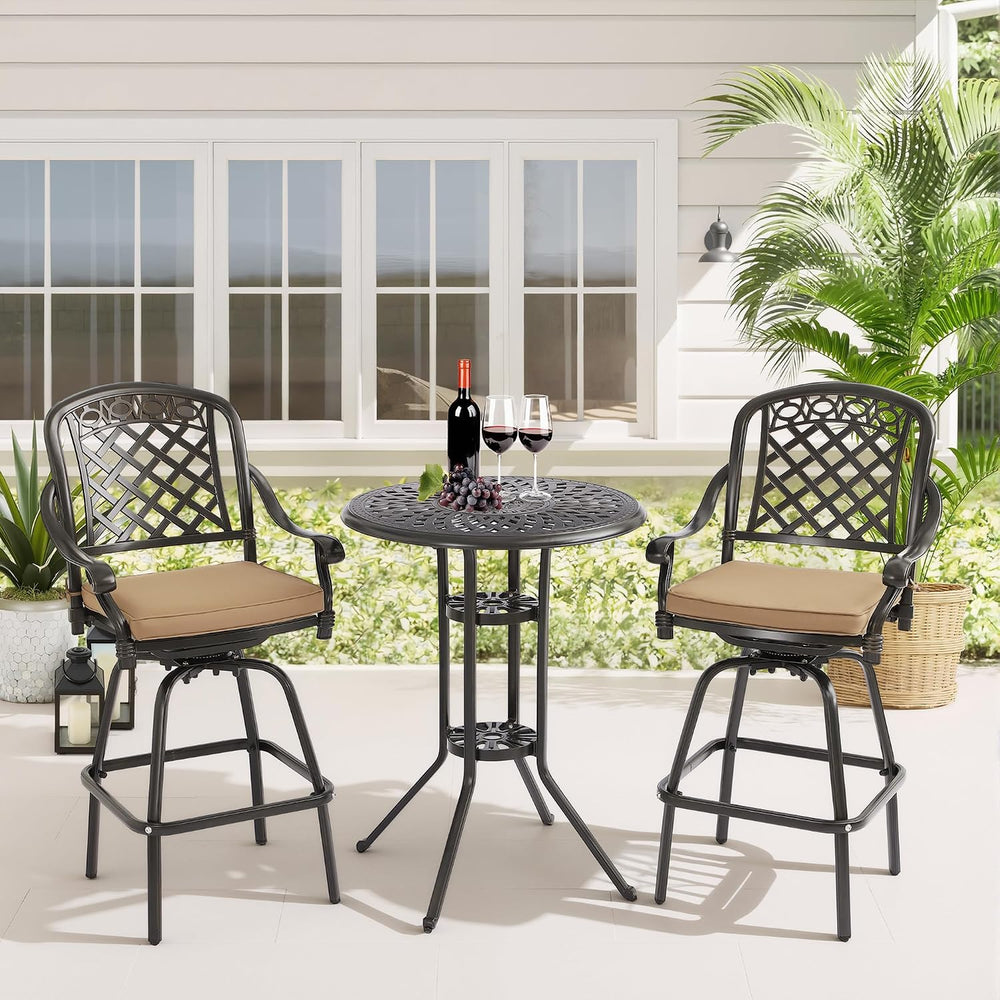 3-Piece Cast Aluminum Patio Bar Set, Outdoor Round High Top Table & 2 Swi...