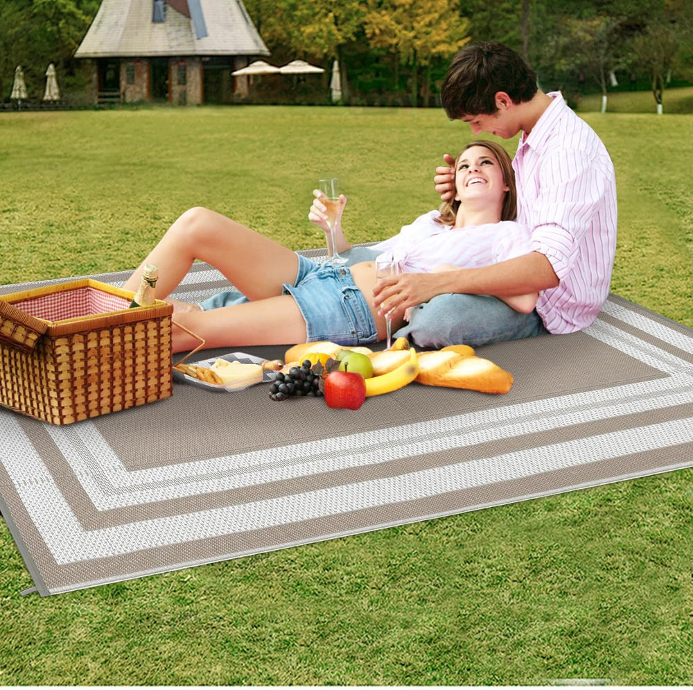 Garvee 9x12 Outdoor Patio Rug Plastic Straw Rug Waterproof Panel Grey Brown